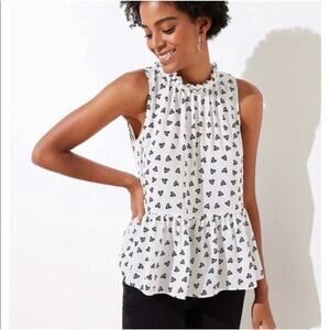 Loft White Peplum Top Black Hearts Sleeveless Ruffle Tie Neck and Ruffle Hem XSP